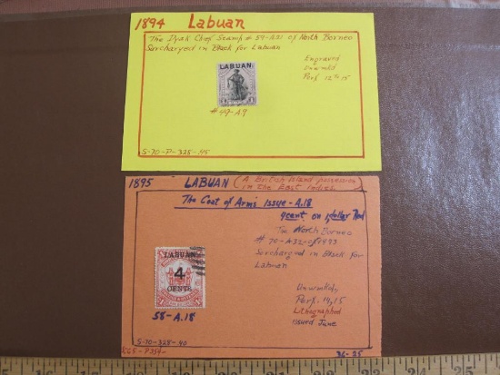Two hinged stamps from Labuan, North Borneo, 1894 and 1895, from a time when it was a British island