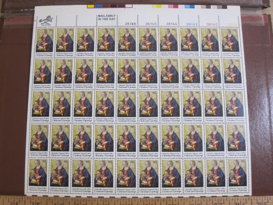 Full sheet of 50 1975 10 cent Christmas Madonna & Child US postage stamps, Scott # 1579