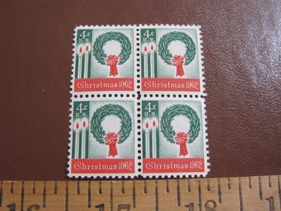 Block of 4 1962 4 cent Christmas Wreath and Candles US postage stamps, Scott # 1205