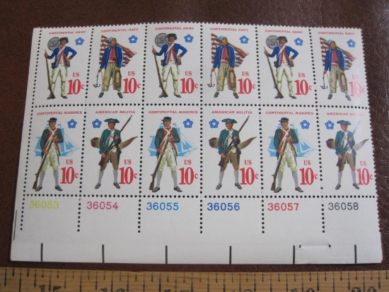 Block of 12 1975 10 cent Military Uniforms US postage stamps, Scott # 1565-68