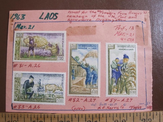 Four hinged 1963 stamps from Laos issued for the "Freedom from Hunger" campaign of the U.N. Food and