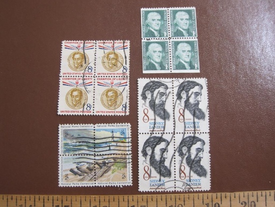 Lot of 4 cancelled blocks of 4 US postage stamps (16 total) including 8c Sidney Lanier (S# 1446), 2c