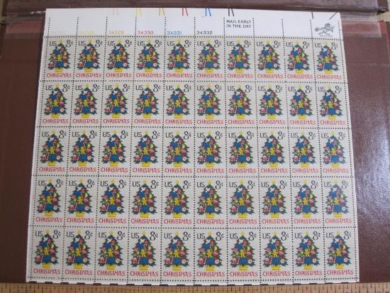 Full sheet of 50 1973 8 cent Christmas Tree US postage stamps, Scott # 1508