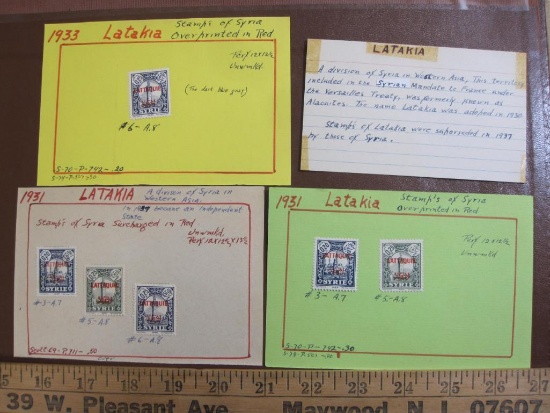 Six hinged postage stamps (one 1933, five 1931) from Latakia, a port city in Syria. Note with the