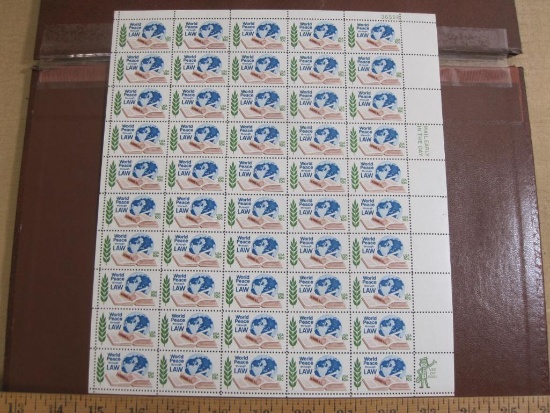 Full sheet of 50 1975 10 cent World Peace through Law US postage stamps, Scott # 1576