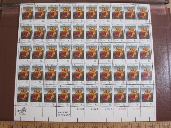 Full sheet of 50 1973 8 cent Christmas Raphael US postage stamps, Scott # 1507