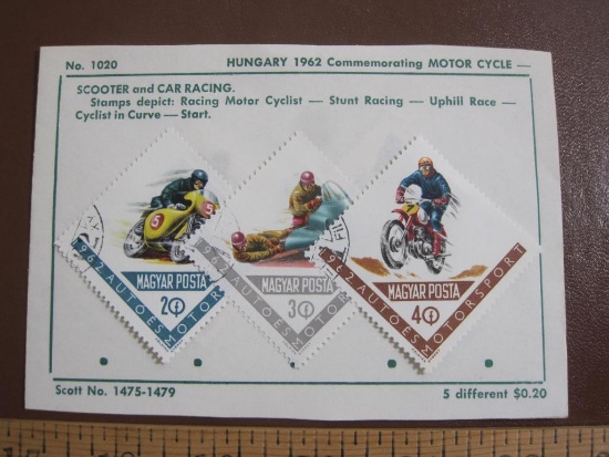 Five different hinged 1962 Hungary stamps commemorating Motor Cycling (#1475-1479)