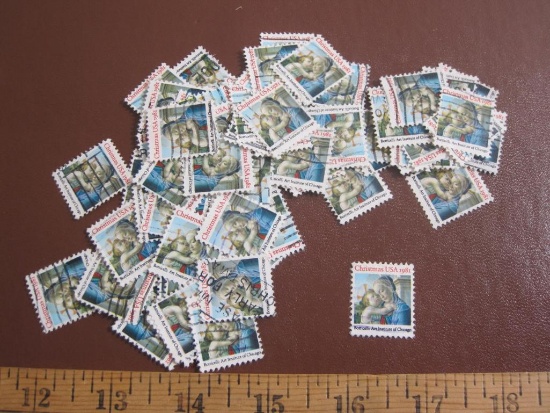 Lot of more than TWO DOZEN cancelled 1981 20 cent Christmas Madonna & Child US postage stamps, Scott