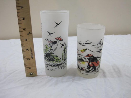 Two Vintage Frosted Drinking Glasses including Southern Belle and "The Search", 13 oz