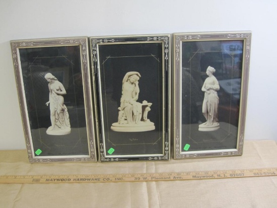 Three framed pictures featuring statues of Roman mythological figures
