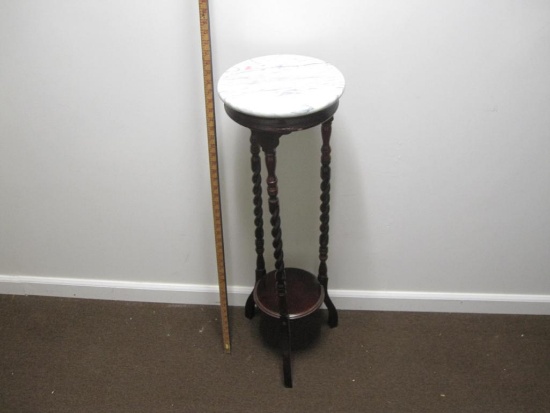 Wooden marble top plant stand; 39" tall, 12" in diameter