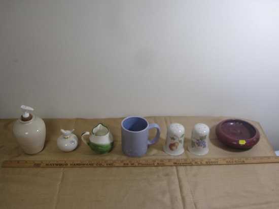 Box lot of 7 ceramic pieces; includes coffee mug, salt & pepper shakers, soap dispense and more