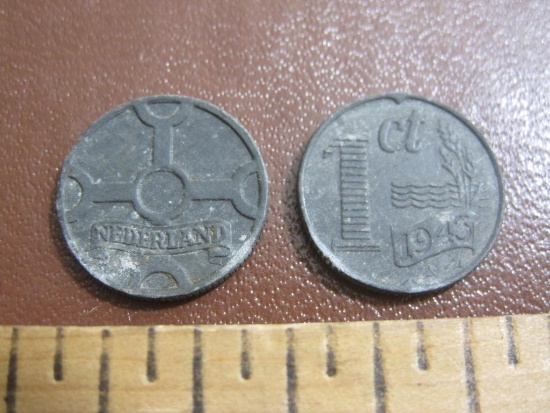 Two 1943 Netherlands Dutch 1 Cent WWII Era Cross Coins