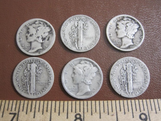 Lot of 6 1925 Silver Mercury Dimes, 14.2g