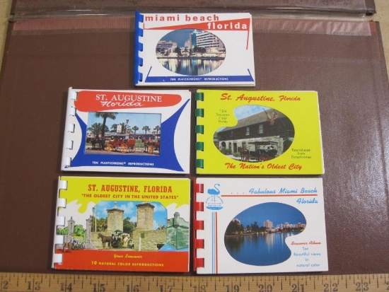 Lot of 5 color Florida Souvenir Photo Booklets, including 2 Miami Beach and 3 St. Augustine