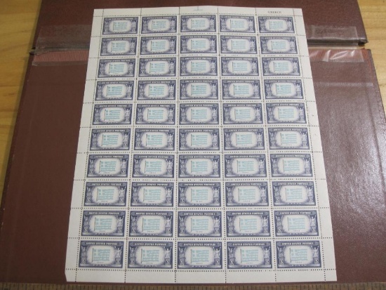 Full sheet of 50 1943 5 cent Flag of Greece US Postage Stamps, Scott # 916