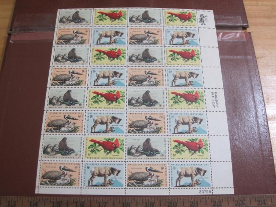 Full sheet of 32 1972 8 cent Wildlife Conservation US Postage Stamps, Scott # 1464-67