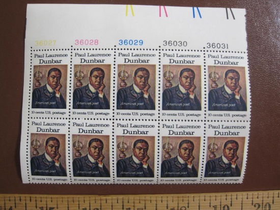 Block of 10 1975 Paul Laurence Dunbar 10 cent US postage stamps, #1554