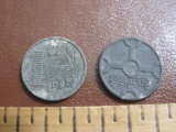 Two 1942 Netherlands Dutch 1 Cent WWII Era Cross Coins