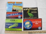 Lot of Vintage Vegetable Crate Labels including King Pelican California Vegetables, Gold Rim Texas