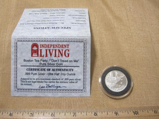 Independent Living Boston Tea Party/"Don't Tread on Me" Pure Silver Coin, with certificate of