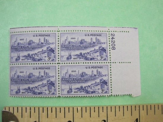 Block of 3 cent 1950 4 Kansas City, Missouri Centennial US postage stamps, #994