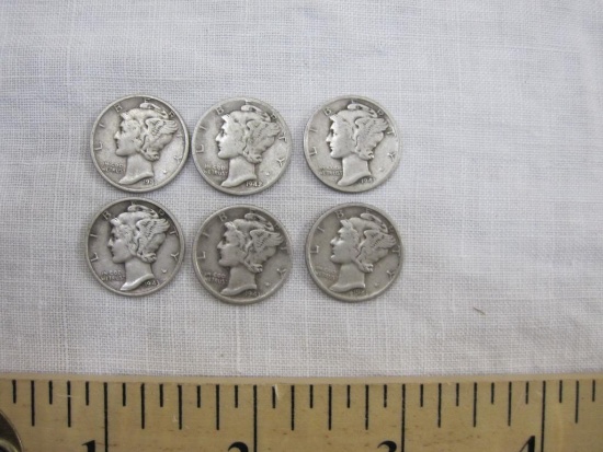 Six Silver Mercury Dimes: 1941, 1942, and 4 1943, 14.6 g