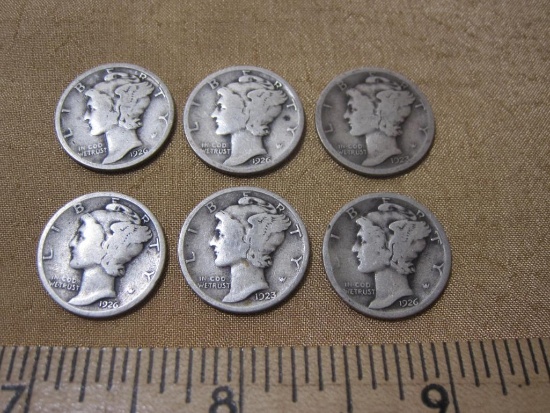 Six Silver Mercury Dimes: 2 1923 and 4 1926