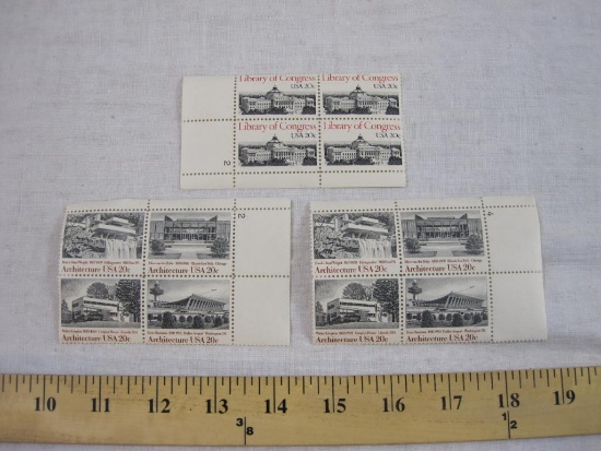 Three 20 cent Stamps Blocks of 4 including 2 blocks of Architecture USA and 2 block of Library of