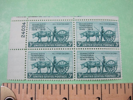 Block of 4 1949 3 cent Minnesota Territorial Centennial US postage stamps, #981