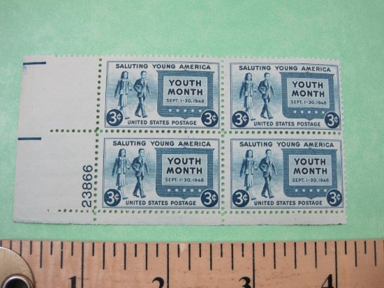Block of 4 1948 3 cent Saluting Young America US postage stamps, #963