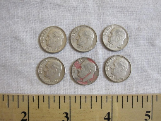 Six Silver Roosevelt Dimes: 2 1957 and 4 1963, 15.0 g