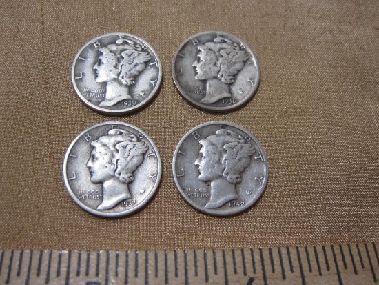 Lot of 4 Silver Mercury Dimes: 1936-D; 1937-D; 1939-D; 1942-D