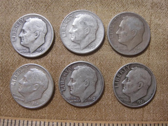 Six Silver Roosevelt Dimes, 1946, 1951, 1952, 1953, 1960, 1962, 14.9g