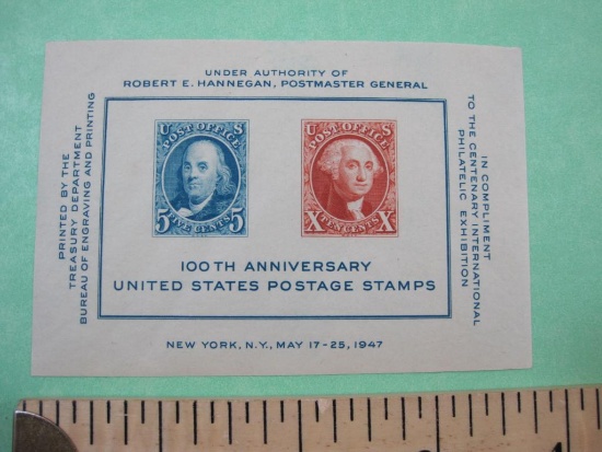A 1947 Souvenir Sheet 100th Anniversary US postage stamps featuring George Washington and Ben