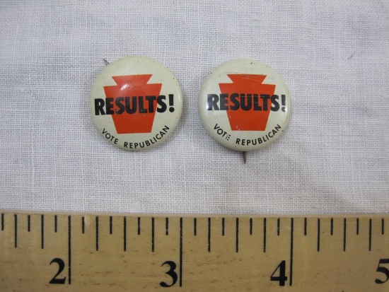 Lot of 2 small (7/8 inch) pinbacks that say "Results! Vote Republican"