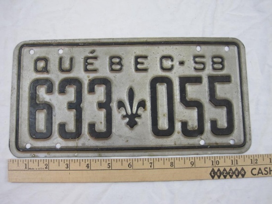 Vintage Quebec 1958 Metal Canadian License Plate 633055, 3 oz