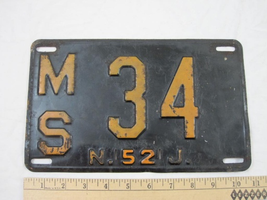 Vintage New Jersey Metal License Plate from 1952 MS 34, 14 oz