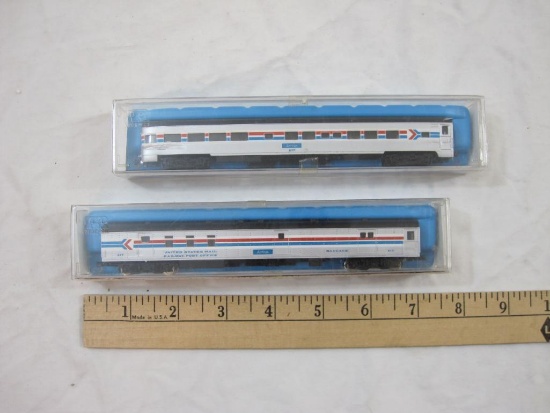 Two Amtrak N Scale Train Cars including Tell Car and Baggage Post Office, Rivarossi Italy, in