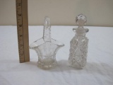 Two Vintage Cut Glass Bottles/Jars including bottle with stopper and glass basket, 14 oz