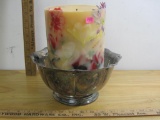 Large Vanilla Candle w/ Decorative Metal Bowl by Oneida; Faux Flowers embedded in Wax
