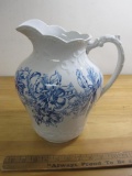 White Ceramic Pitcher w/ Blue Floral Design 11.5