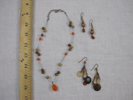 Beaded Necklace and Earring Set, wooden and acrylic beads, includes 2 pairs of earrings