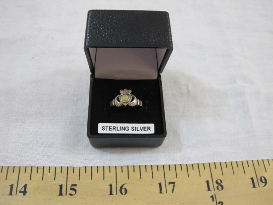 Sterling Silver Claddagh Ring with Yellow Gemstone, approximately size 5, 2 g
