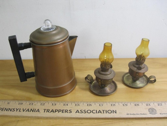 One Copper Coffee Pot & 2 Brass Finger Lanterns