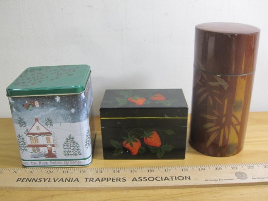 Lot of Tins including Antique Tea Caddy, Metal Recipe Holder and "Night Before Christmas" Tin