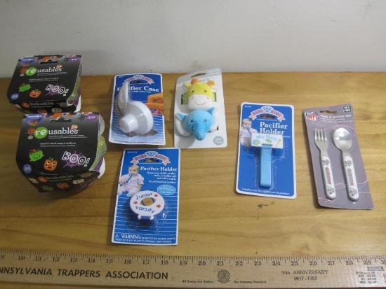 Lot of Child Care Items, New in the Package, including: Reusables, Pacifier Holders, Utensils and