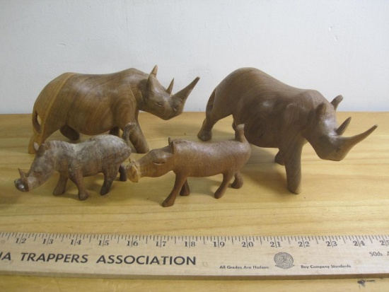 Lot of Hand-Carved Kenyan Wooden Rhino and Warthog Figures