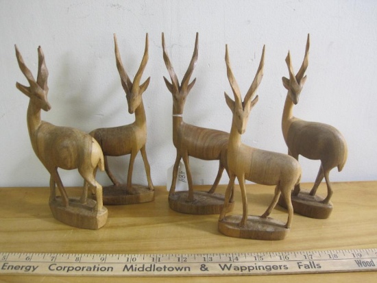 Lot of 5 Hand-Carved Kenyan Wooden Antelope Figures