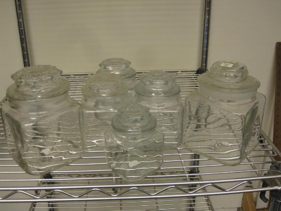 Set of 6 glass canisters with lids